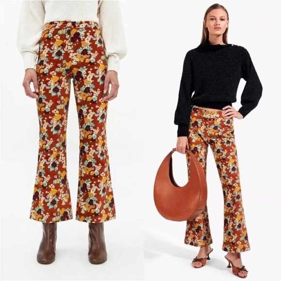 STAUD Floral Ankle Pants in Brown and Yellow